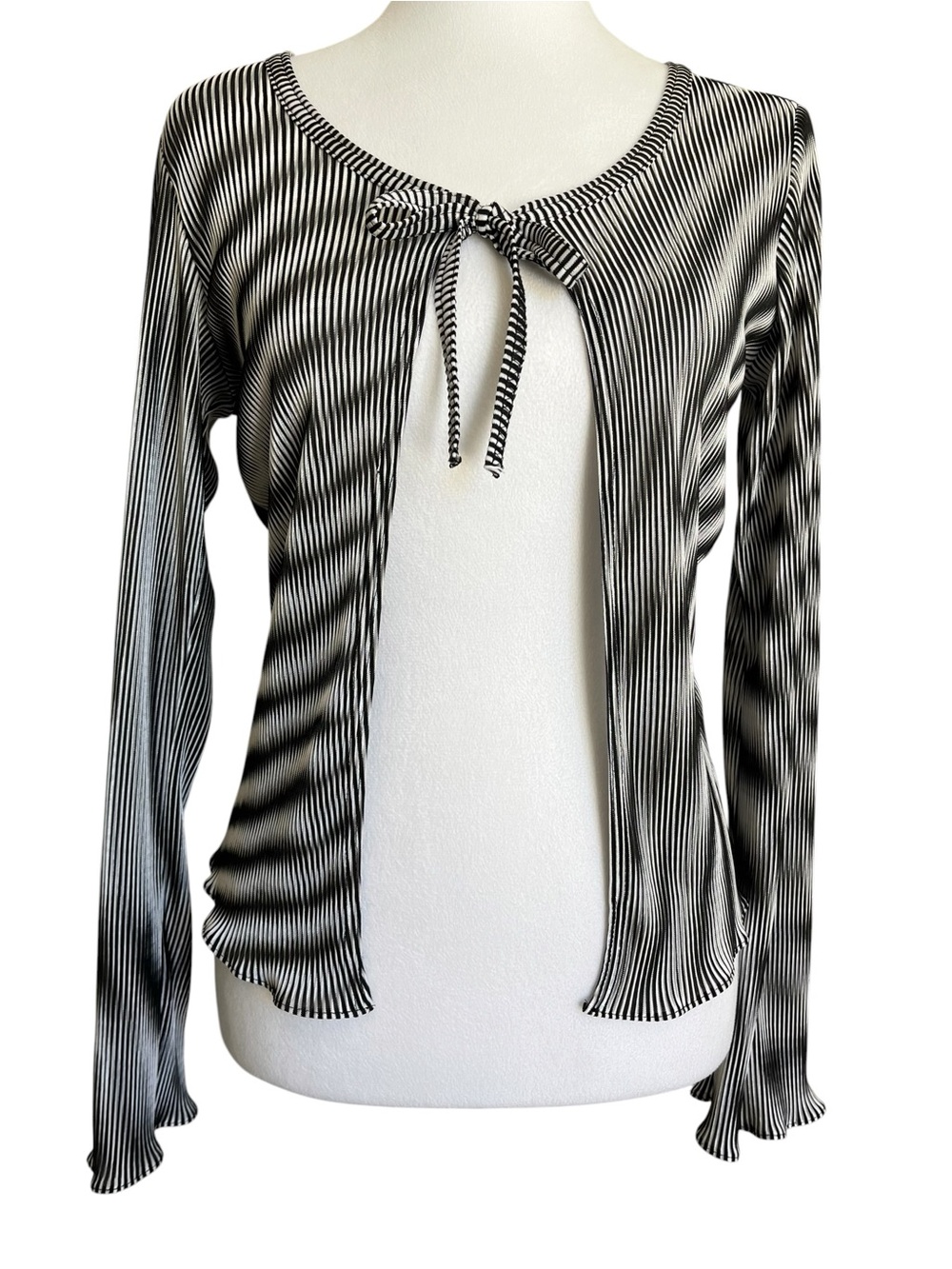 Vintage Vtg 90s Black White Tie Front Op Art Cardigan Top Cropped Micro Pleats M